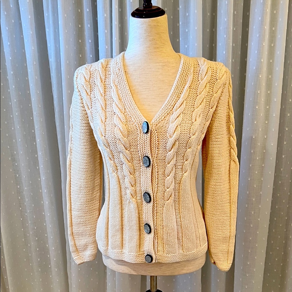 VINTAGE DUNOLLIE LOOMS.OFF-WHITE HEAVY CABLE-STITCH V-NECK CARDIGAN